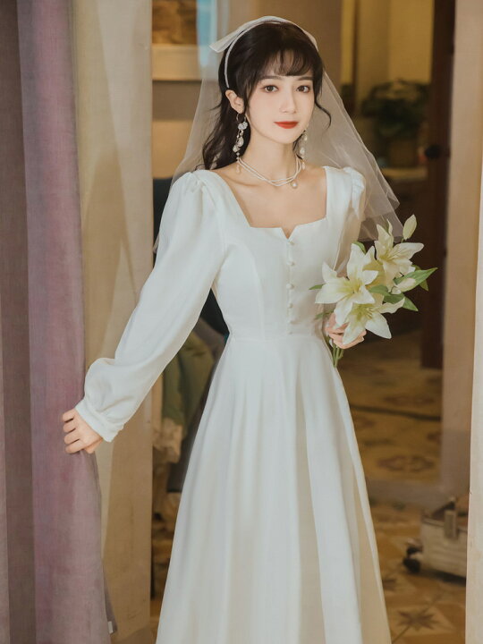 楽天市場】ウェディングドレス ミモレ丈 結婚式 Aラインドレス 長袖 