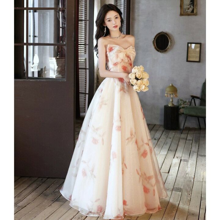 楽天市場】カラードレス 花柄 ビスチェ ロングドレス Aラインドレス  