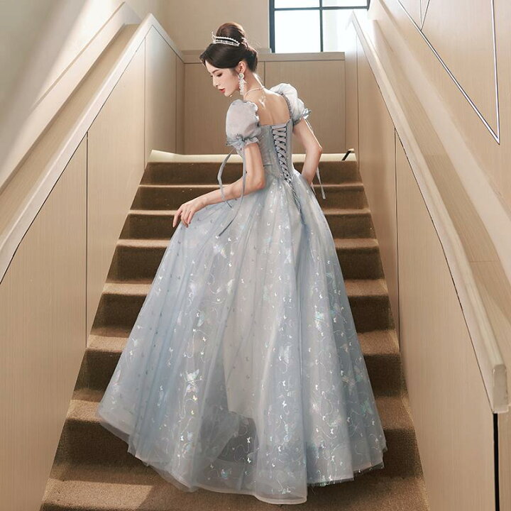 楽天市場】カラードレス ブルー 半袖 ロングドレス Aラインドレス 結婚 