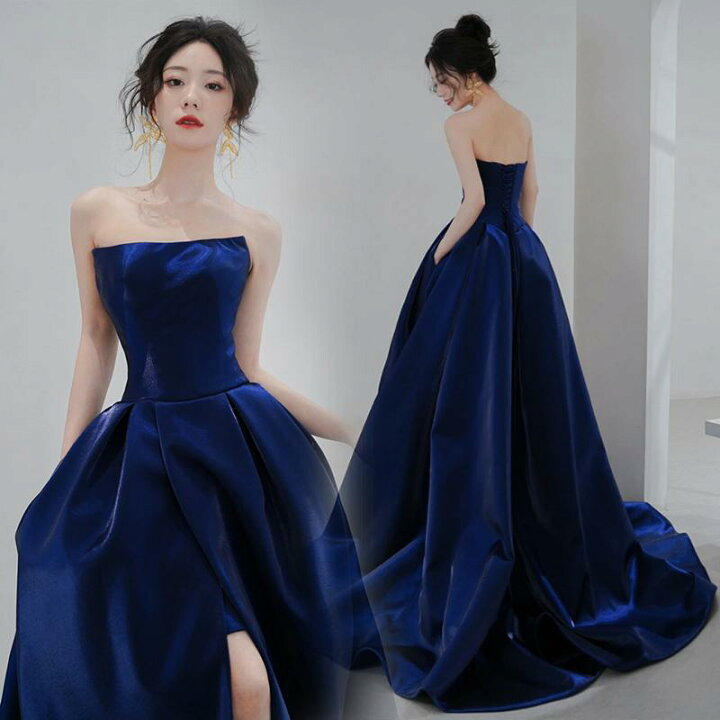 楽天市場】カラードレス ロングドレス ビスチェ スリット ブルー 結婚  