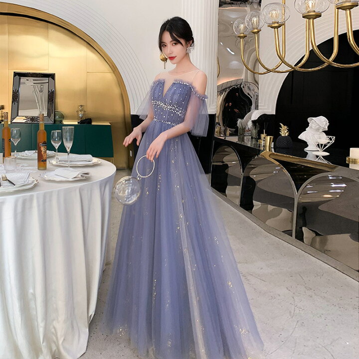 楽天市場】カラードレス 編み上げ ブルー フリル袖 ロングドレス 結婚  