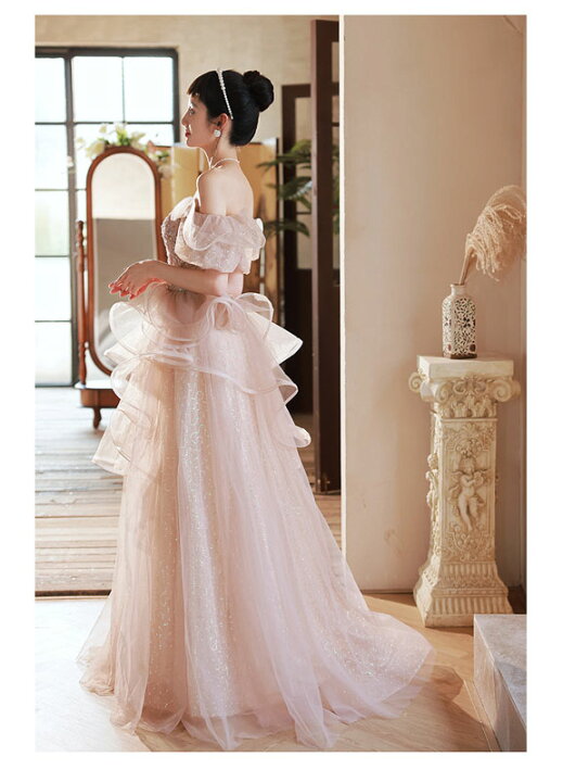 オフショルダー ウェディングドレス 前撮り 音楽会 編み上げ 嫁さん  