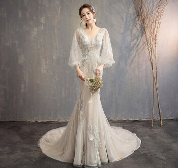 楽天市場 マーメイドライン ウェディングドレス 長袖 花嫁 ドレス 結婚式 ウエディングドレス 二次会 ロングドレス 披露宴 ブライダル 演奏会 着痩せ プリンセス 優雅 プアー レース付き ロングトレーン 鎖骨見せ Unique Weddings