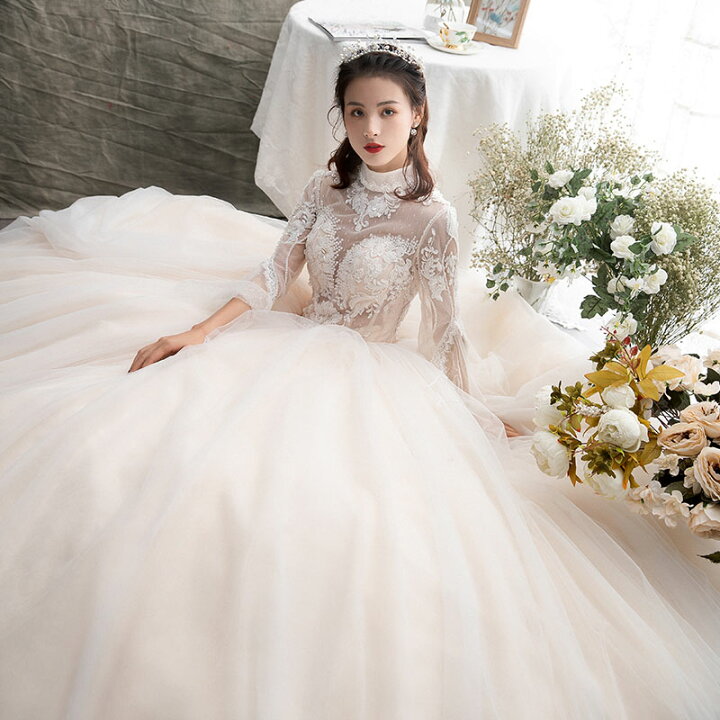 楽天市場 Wedding Dress 長袖 プリンセスドレス ウェディングドレス 二次会 ロングドレス 二次会 ビンテージ ロイヤル ブライダル 結婚式 スタンドカラー フォーマルドレス 花嫁 挙式 小きいサイズ セミオーダー 編み上げ Unique Weddings