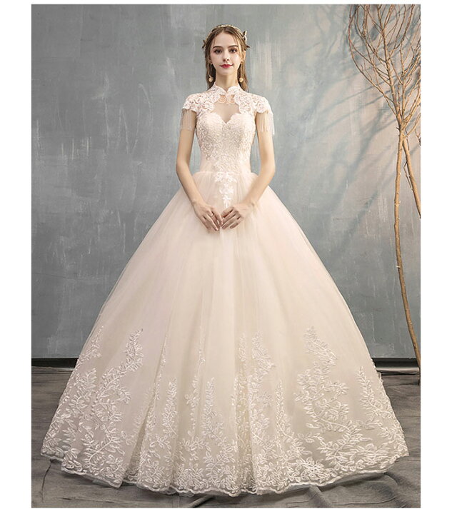 楽天市場 ウエディングドレス スタンドカラー 二次会 プリンセスラインドレス 花嫁 結婚式 披露宴フォマールドレスお姫様 着痩せ 代30代40代 ブライダル 高級 ロングドレス 刺繍 セミオーダー 編み上げ Unique Weddings