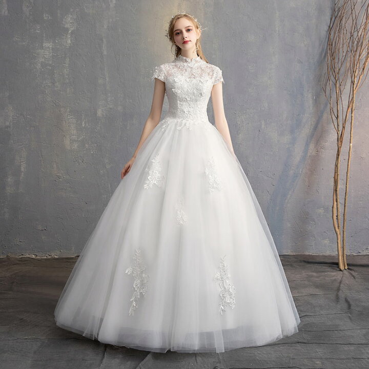 楽天市場 ウェディングドレス 花嫁 挙式 ブライダル 結婚式 二次会 Wedding Dress 白 披露宴 ロングドレス スタンドカラー フォーマル ドレス セミオーダー 編み上げ Unique Weddings