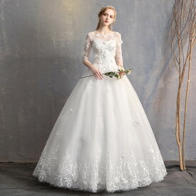 ウェディングドレス 半袖 花嫁 ブライダル ロングドレス 結婚式 フォーマルドレス 二次会 wedding dress 袖あり 挙式 披露宴 お嬢様 優雅 淑女 綺麗 海外撮影 お呼ばれ セミオーダー/編み上げ