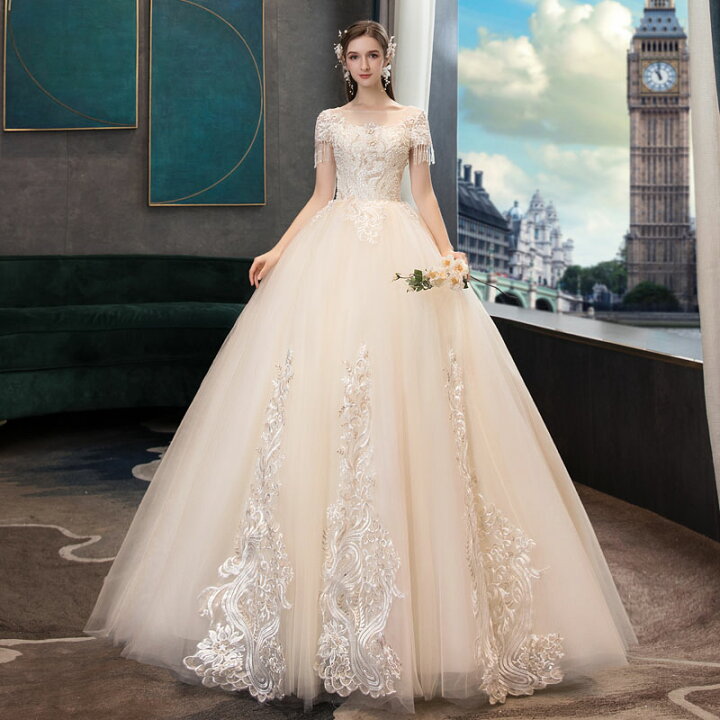 楽天市場 ウェディングドレス シャンパン色 Wedding Dress 半袖 上品 ウエディングドレス プリンセスライン 結婚式 花嫁 ブライダル ロングドレス 披露宴 二次会 挙式 セミオーダー 編み上げ Unique Weddings