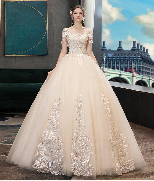 楽天市場】ウェディングドレス シャンパン色 wedding dress 半袖 上品  