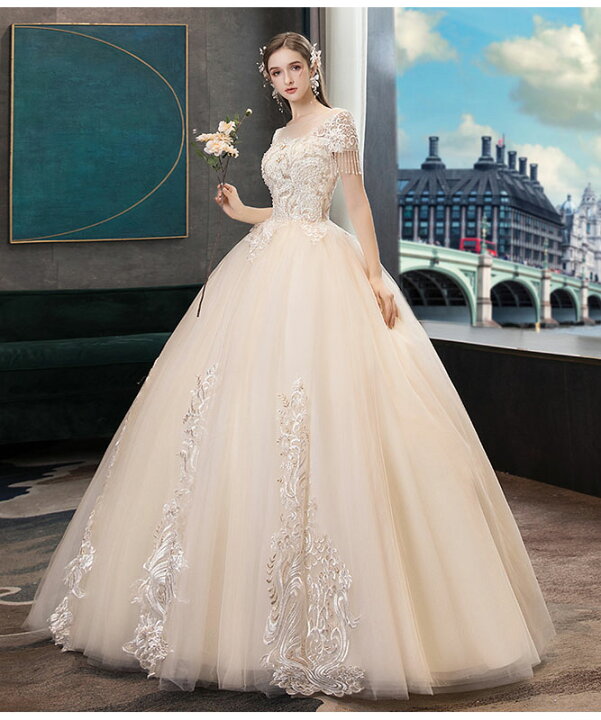 楽天市場 ウェディングドレス シャンパン色 Wedding Dress 半袖 上品 ウエディングドレス プリンセスライン 結婚式 花嫁 ブライダル ロングドレス 披露宴 二次会 挙式 セミオーダー 編み上げ Unique Weddings