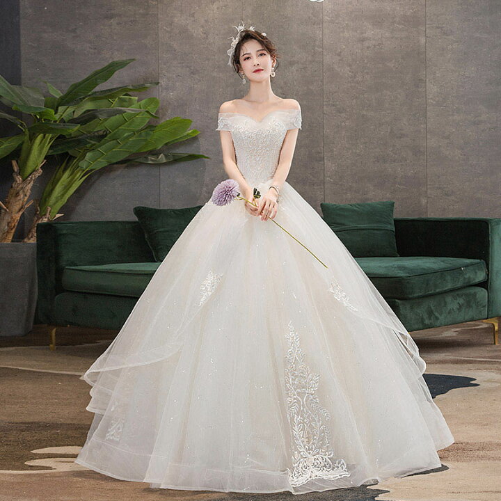 楽天市場 ウェディングドレス Wedding Dress 花嫁 二次会 お嬢様 優雅 淑女 綺麗 ウエディングドレス プリンセスラインドレス 結婚式 ブライダル ロングドレス オフショルダー 披露宴 挙式 セミオーダー 編み上げ Unique Weddings