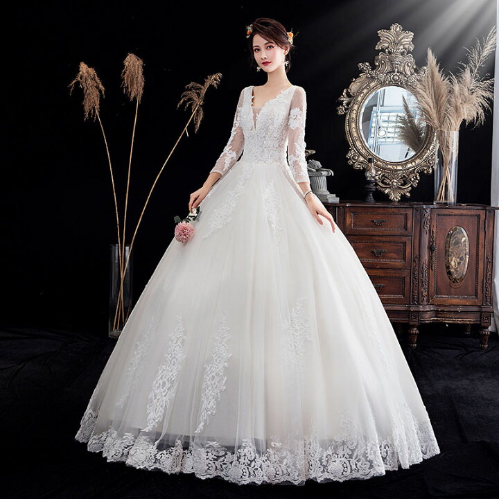 楽天市場】ウェディングドレス 長袖 二次会 ロングドレス 花嫁  