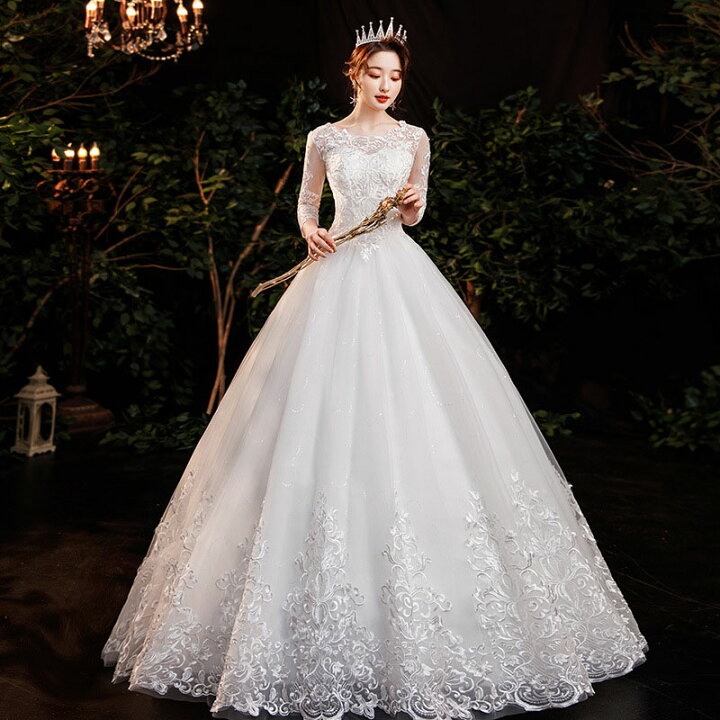楽天市場】ウェディングドレス 7分袖 結婚式 ロングドレス 二次会 花嫁 