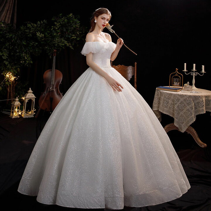 楽天市場】ウェディングドレス オフショルダー 二次会 ロングドレス  