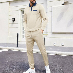 ワッフル 上下セット メンズ ゴルフウエア セットアップ 秋 冬 ポケット付き 運動着 無地 長袖 ポロシャツ ロング丈 パンツ ウエストゴム トップス ボトムス おしゃれ