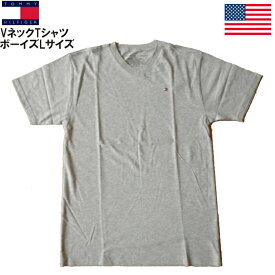 トミーヒルフィガー VネックTシャツ 半袖 TOMMY HILFIGER ワンポイントトリコロールフラッグロゴ刺繍 グレー キッズ ボーイズ Lサイズ メンズSサイズ相当 レディース兼用 メール便ネコポスPOST投函送料無料