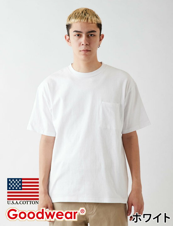 公式 Goodwear ビッグ クルーネック ポケット Tシャツ 無地 USAコットン 7 6オンス 厚手 メンズ レディース ユニセックス ユナイテッドジャパン店