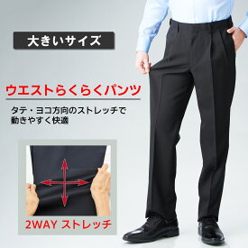 スラックス 大きいサイズ メンズ 紳士 ツータック 無地 裾上げ済み 縦横ストレッチ ウエストマジック(R) すそ上げ不要 洗える 洗濯機OK ウォッシャブル パンツ ズボン