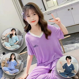 キッズ パジャマ 半袖 子供 無地 女の子 春 夏 秋 シンプル 可愛い vネック ロングパンツ 上下セット ルームウェア ストレッチ 子供 ジュニア カジュアル 快適 お泊り 合宿 部屋着 パープル ミント ブルー ダークグレー 小学生 お泊り会 旅行 入院 140 150 160 170