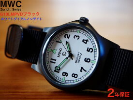 メンズ腕時計 ブランド ミリタリーウォッチカンパニー イギリス軍 軍用時計 MWC時計 PVD ブラック G10LM ホワイト ダイアル ノンデイト 35mm クォーツ 50m・165ft防水 スクリューケースバック ノンデート ガラス風防 18mm NATO ストラップ ルミノバ 夜光 ヨーロピアン モデル