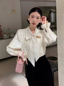 韓国ファッション シャツ ドルマンスリーブ 蝶結び 単体ボタン サンディング 可愛い系 上品映え