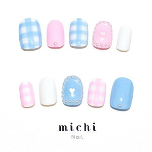 ファンシーカラーのギンガムチェックネイル michinail ネイルチップ ミチネイル ネイル つけ爪 ハンドメイドネイル ショートネイル ニュアンスネイル ブライダルネイル 成人式ネイル