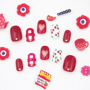 ヘルシーガーリーなさくらんぼギンガムチェック×ハートくりぬきネイル michinail ネイルチップ ミチネイル ネイル つけ爪 ハンドメイドネイル ショートネイル ニュアンスネイル ブライダル