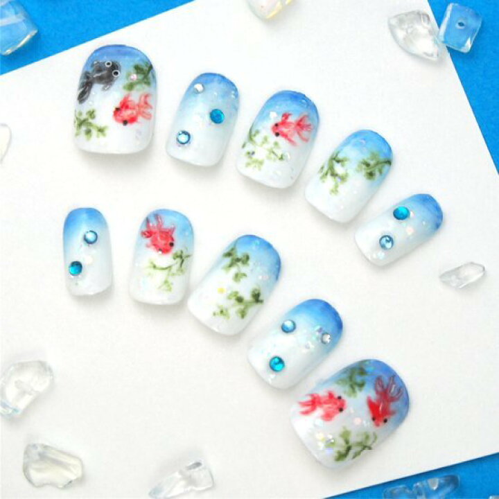 楽天市場 金魚鉢の水彩風アクアネイル Michinail ネイルチップ ミチネイル ネイル つけ爪 ハンドメイドネイル ショートネイル ニュアンスネイル ブライダルネイル 成人式ネイル オリジナルtシャツのup T
