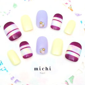 春色タイダイ×ボーダーネイル michinail ネイルチップ ミチネイル ネイル つけ爪 ハンドメイドネイル ショートネイル ニュアンスネイル ブライダルネイル 成人式ネイル