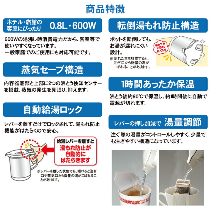 楽天市場 電気ケトル 800ml 低消費電力タイプ象印 Zojirushi蒸気セーブ構造 自動電源オフ機能ホワイト Ck Ch08 Wa あっぷｒｏｏｍ
