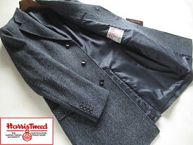 SALE 英国製生地 防寒 Harris Tweed ハリスツイード コート メンズ チェスターコート ウール100% ブルー×濃紺 ヘリンボーン柄