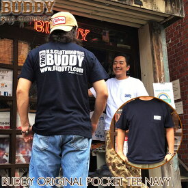BUDDY オリジナル ポケット 付き Tシャツ バディ ポケT アメカジ バックプリント 半袖 ネイビー 紺 原宿 両面プリント メンズ ストリート ファッション トップス ロゴ XL 2XL 3XL