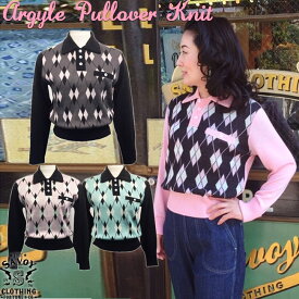 SAVOY CLOTHING Argyle Pullover Knit アーガイル プルオーバー ニット 長袖 チェック 柄 襟付き セーター ウール レディース フリーサイズ サヴォイクロージング トップス ロカビリー ファッション サボイクロージング 50's 50年代 オーバーサイズ ペアルック 秋冬