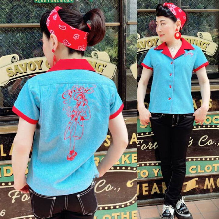 楽天市場 Savoy Clothing Teddy Girl Ladies Bowling Shirts テディ ガール 刺繍 ボーリングシャツ サヴォイクロージング シャツ ブラウス バックプリント オープンシャツ レディース ロカビリー ファッション 衣装 サボイクロージング 原宿 半袖 ピンナップガール 50 S