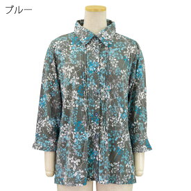 7分袖 ブラウス ストレッチ ピンタック プリント 衿付き シニアファッション 春夏 トップス 散歩・外出に最適 シニア 婦人 レディース 70代 80代 90代 ギフト 婦人服 高齢者 通販 介護 部屋着 外出着 施設用 名入れ