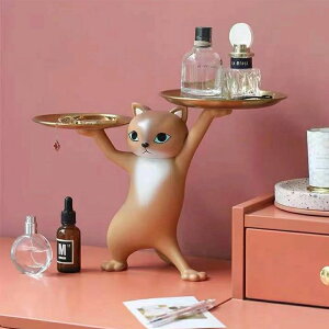 皿を捧げるネコ ねこ 猫ちゃん キー収納 金属 トレイ 鍵置き 小物収納 玄関収納 卓上置物 収納トレイ 動物像 彫刻装飾 玄関 ペットサイトテープル 化粧卓 口紅スタンド 財布 コイン キャンデ