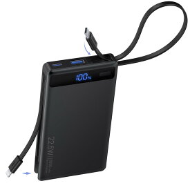 【2026新登場 ・16mm超薄型】モ バ イ ル バ ッ テ リ ー 10000mAh大容量 軽量 小型 急速充電 スマホ充 電 器 LCDディスプレイ残量表示 22.5W Type-c L I g h t n I n gケーブル内蔵 PSE認証済み iPad/I Phone/Android全種機器対応 旅行//停電対策/防災 (黒)