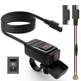 ONVIAN オートバイ バイク専用電源 防水 QC3.0急速デュアルUSB充電器 USB電源 独立スイッチON/OFF 赤LED電圧表示 電話/タブレット/GPS/タブレット 充電器