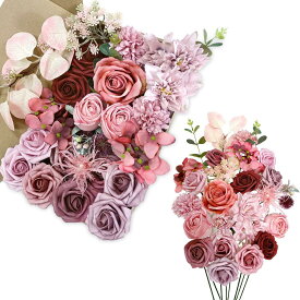 OrgMemory シルクフ ラ ワ ー 造花ブーケ 造花コンボボックス 茎付き花 DIYフ ラ ワ ーアレンジメントブーケ ウェディングパーティー ホームベビーシャワー装飾 (ダスティローズモーブ)