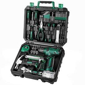 【8V電動ドリル付き】 工具セット 126点組 ピンク ホームツールセット 家庭用 ツールセット 日曜大工 DIYセット 作業工具セット 家具の組み立て 住まいのメンテナンス用 修理道具セット 便利な収納ケース付き (グリーン)