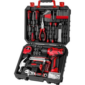 【8V電動ドリル付き】 工具セット 126点組 ピンク ホームツールセット 家庭用 ツールセット 日曜大工 DIYセット 作業工具セット 家具の組み立て 住まいのメンテナンス用 修理道具セット 便利な収納ケース付き (赤)
