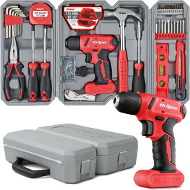 Hi-Spec 58点セット 電動ドライバー 付き 工具セット 赤 8V 電動ドリル | 車 DIY 初心者向け 小型 家庭用 ツールセット バイク 便利工具 工具箱 付き