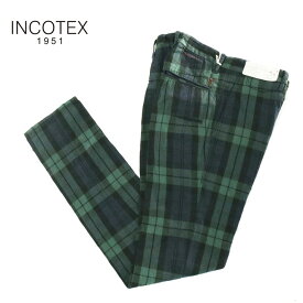 65％オフ 新品 正規品 インコテックス INCOTEX パンツ 29 31 グリーン×ネイビー メンズ Sサイズ Mサイズ チノパン サイドポケット チェック柄 SLIM FIT コットン×リネン ルーマニア製 ST600X 90691