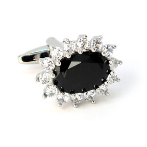 大粒 ブラック クリスタル カフスボタン オーバル型 シルバー【シルバー ジュエル系 おしゃれ 男女 カフリングス エレガント 豪華 結婚式 プレゼント カフス専門店】