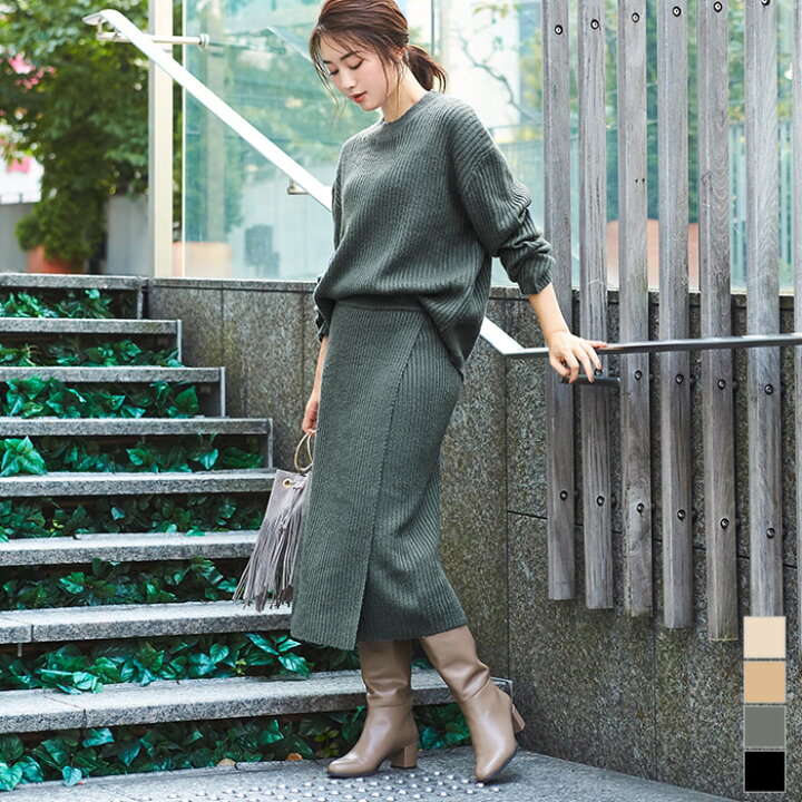 楽天市場 ニットプルオーバー ラップスカートセットアップ ワンピース レディース セットアップ ニット スカート クルーネック ラウンドネック シンプル Urs ユアーズ