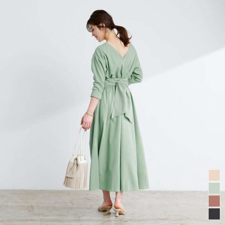 楽天市場 前後2wayカシュクールワンピース ワンピース レディース カシュクール ウエストリボン ポケット ロング丈 前後2way 袖スリット 七分袖 Urs ユアーズ