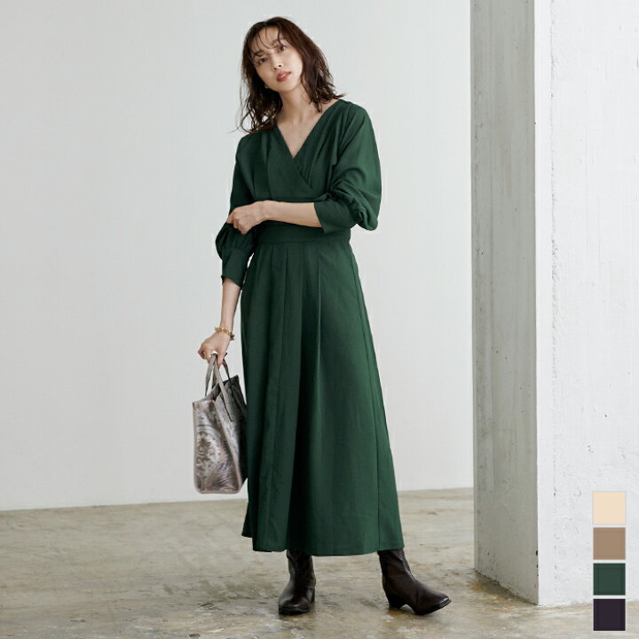 楽天市場 カシュクールワンピース ワンピース レディース カシュクール 長袖 ロング丈 ウエスト後ろゴム バックファスナー Vネック ウエストタック 人気商品 予約 Urs ユアーズ