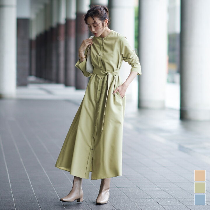 楽天市場 バンドカラーaラインワンピース ワンピース レディース バンドカラー フロントボタン 長袖 ポケット付き ウエストリボン 羽織り Aライン シンプル ロング丈 Urs ユアーズ