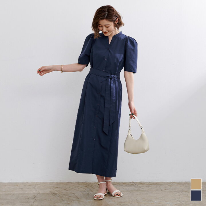 楽天市場 タックスリーブキーネックワンピース ワンピース レディース ロング丈 フレア シャツワンピース ボタン ボリュームスリーブ パフスリーブ 半袖 5分袖 ベルト付き シンプル Ur S ユアーズ Urs ユアーズ