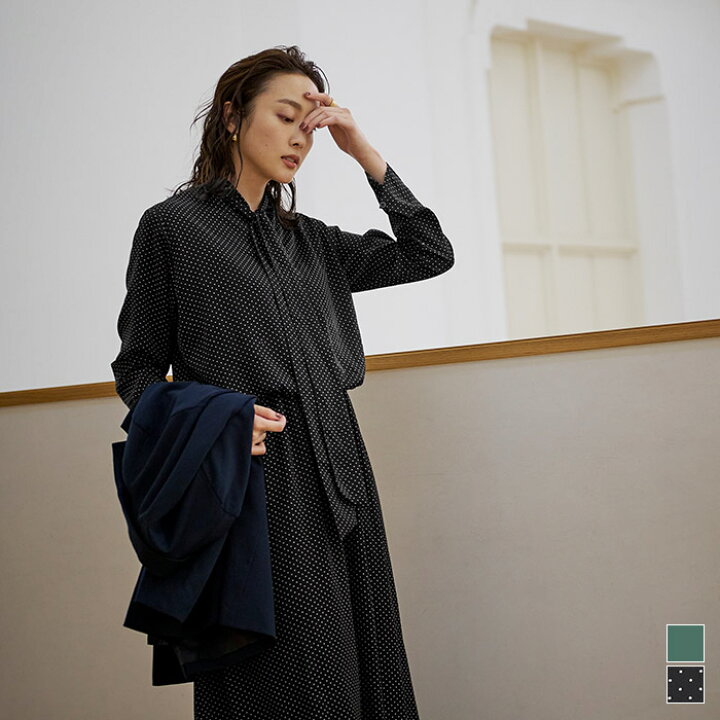 楽天市場 ボウタイロングワンピース ワンピース レディース ドット柄 無地 ブラウジング ウエストゴム ボウタイデザイン ロング丈 長袖 Urs ユアーズ